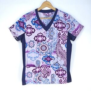 Butter-Soft Stretch Scrub Top Small Medallion Print VNeck Pocketed Medical Nurse